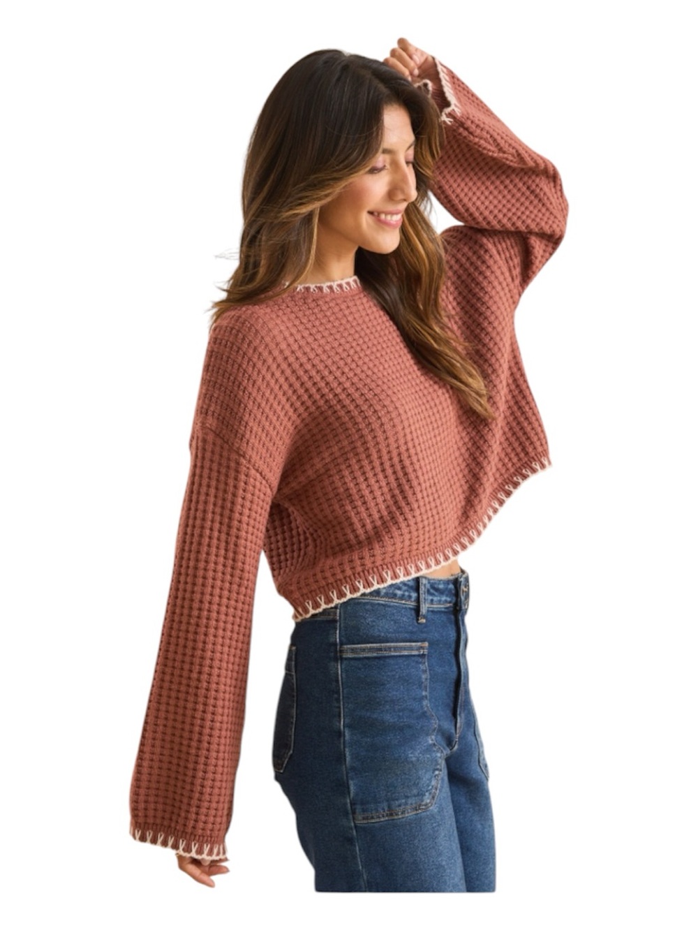 Altar'd State Dusty Rose Knit Sweater w/ Whipstitching Trim Bell Sleeve Sz M